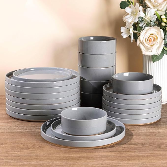 AmorArc Ceramic Dinnerware Set for 8 | Speckled Stoneware Plates and Bowls with Rustic Terracotta Underside| Scratch Resistant,Dishwasher & Microwave Safe Dishes Sets- 24pcs Gray