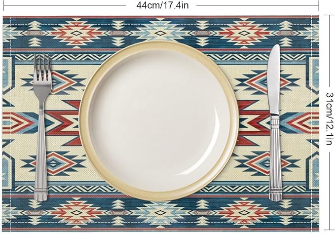 Ethnic Aztec Placemat Set, Vintage Bohemian Rustic Farmhouse Blue Red Mystic Native Tribal Geometric Totem Pattern Home Decor Linen Table Mats for Dining Room Kitchen Party (17x12in) x4P