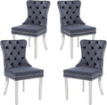 KCC Velvet Dining Chairs Set of 4, Upholstered High-end Tufted Dining Room Chair with Nailhead Back Ring Pull Trim Stainless Steel Legs, Contemporary Nikki Collection Modern Style for Kitchen, Gray