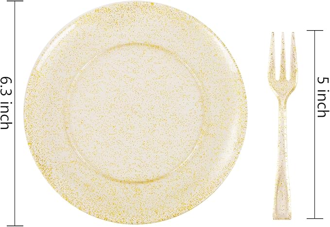 Festiva 200Pcs Gold Glitter Dessert Plates 6.3" with Forks 5"-Small Plastic Dessert/Cake/Appetizer Plates Disposable for 100 Guests Easter Party &Wedding& Birthday&New Year