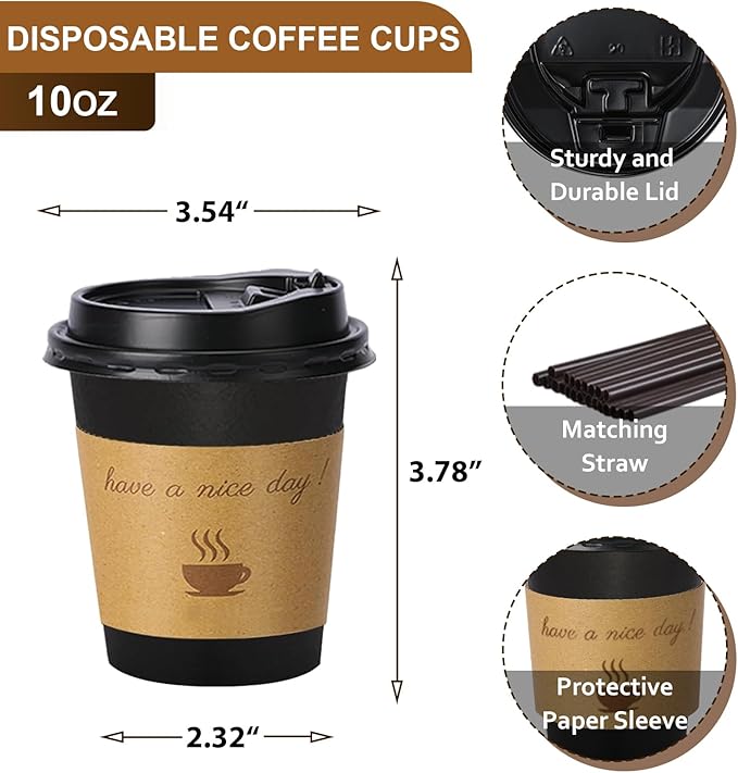 100 pack 10 oz Thickened Coffee Cups with Lids, Scald Resistant Hot Cups with Sleeve and Straw, To Go Coffee Cups for Home, Office, Cafes and Party (Black 10oz)
