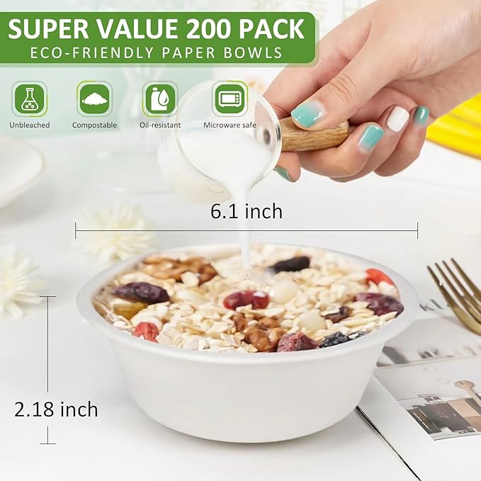 200 Pack 16 Oz Heavy Duty Paper Bowls - Bagasse Hot Soup Disposable Compostable Bowls, Disposable Bowls 16 Oz