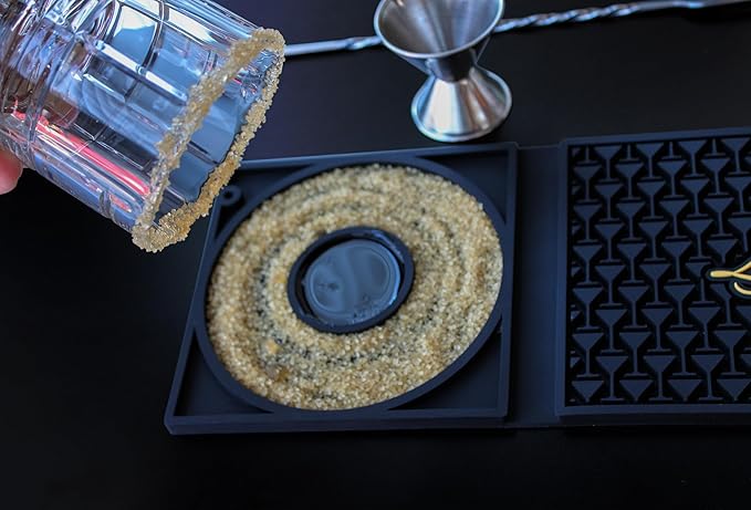 NobleSip Bar Mat 3in1 𝗜𝗡𝗡𝗢𝗩𝗔𝗧𝗜𝗩𝗘 with Cutting Board and Glass Rimmer "Legendary Bar". Upgrade your commercial cocktail station, or home bar with a multifunctional, compact, and stylish mat