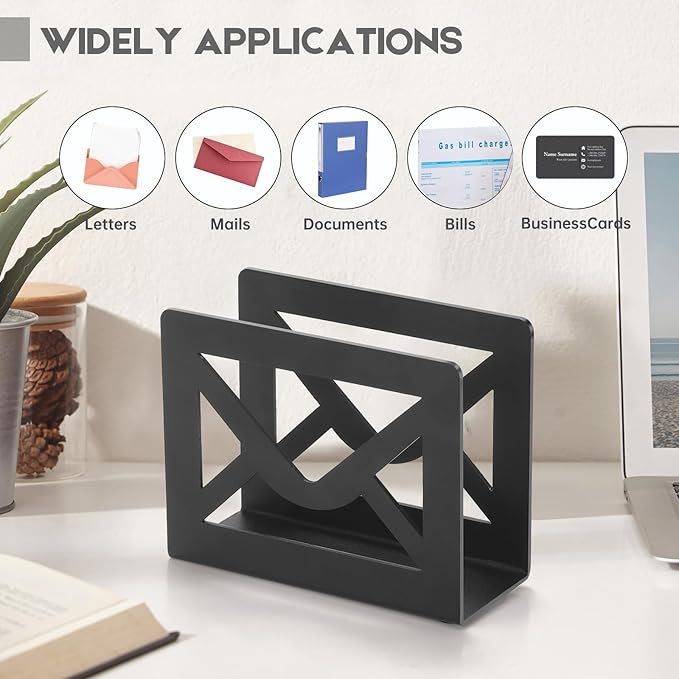 Desktop Metal Mail Holder,Modern Black Letter Organizer for Desk with Cutout Envelope Design,Home and Office Envelope and Document Storage Rack (Black)