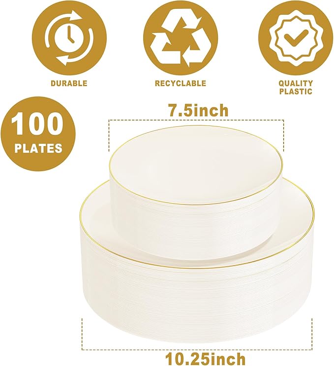 PULOTE 100PCS Ivory Plastic Plates - Cream Plastic Disposable Heavy Duty for Party & Wedding - Include 50 Each (Dinner & Dessert) Plates