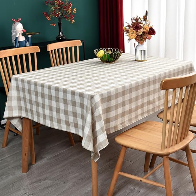 Gingham Tablecloth Rectangle Table Cloth Heavy Duty Cotton Checkered Table Cover for Spring Picnic Kitchen Dining(C-Beige, 52x52 inch)