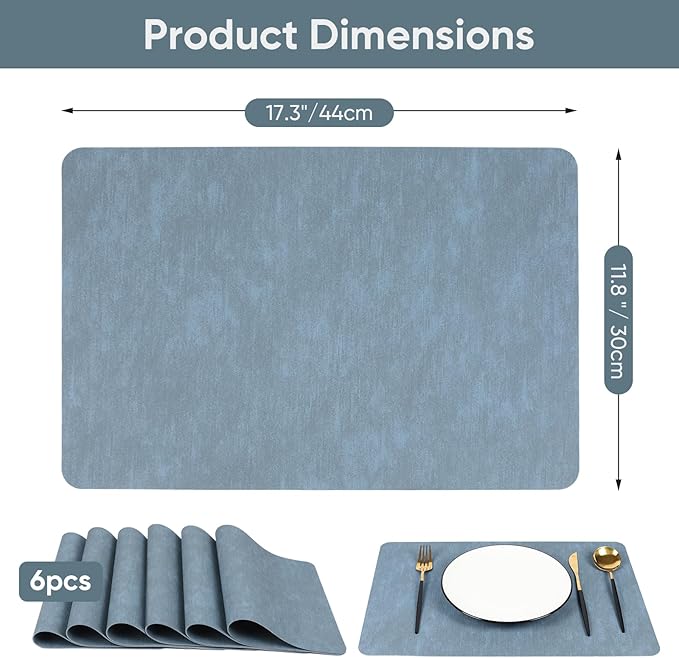 Blue Reversible Faux Leather Placemats – Set of 6 Waterproof, Heat-Resistant & Easy-to-Clean Table Mats for Modern Dining