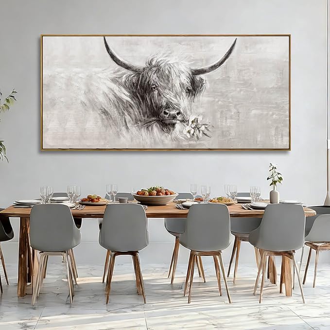 Framed Extra Large Gray Gold and White Cow Canvas Wall Art with Flower Modern Farmhouse Animal Poster for Living Room Bedroom Office Wall Decor 40x88 Inch