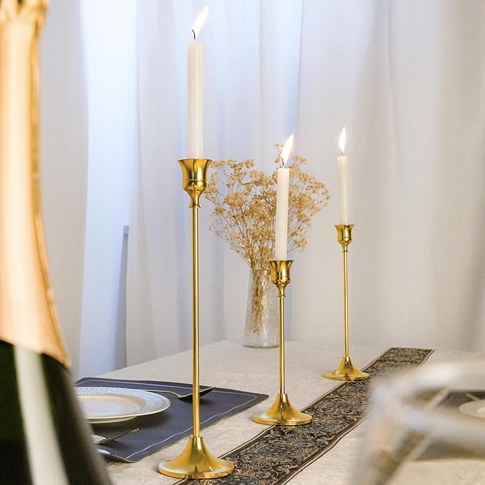 Metal Candle Holders for Candlesticks Taper Candlestick Holders Set Vintage Decorative Centerpiece Candelabra Tall Candle Stands (Gold, 1 Set (3 pcs))