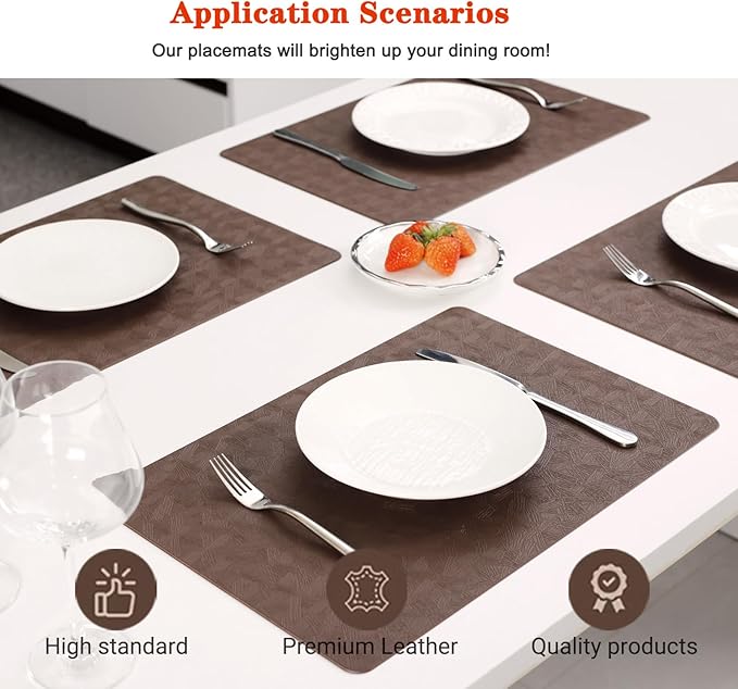 Vinyl Placemats Set of 6 Heat Resistant Easy Clean Non-Slip Place Mats for Dining Table Faux Leather Waterproof Stain Resistant Wipeable Washable PVC Table Mats(6, Brown)