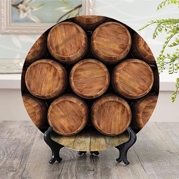 Ceramic Display Plate, Wine Ceramic Hanging Decorative Plate, Wall of Wooden Barrels, 7 Inch, Household Custom Ceramic Plate, Multicolor