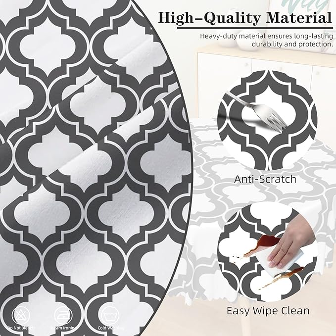 Laeacco 70 Inch Morocco Round Tablecloth Grey White Geometric Lattice Modern Abstract Art Print Table Cloth Washable Waterproof Wrinkle Free Table Cover for Kitchen Dining Picnic Party Decoration