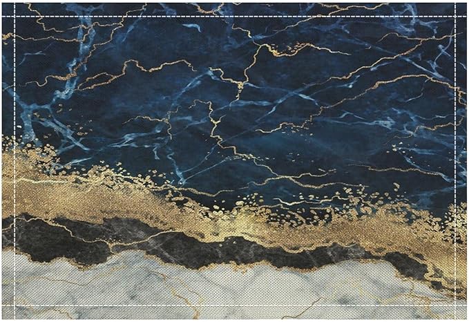 Marble Linen Placemats Set of 2, 12x17 Inch Modern Luxury Foil Cracked Texture Navy Blue Gold Marble Table Mats Washable Fabric Place for Party Kitchen Wedding Dining Banquets Decor