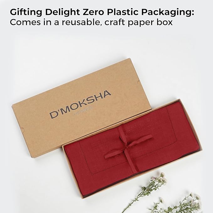 D'Moksha Homes Linen Red Table Runner 120 Inches Long - 100% Pure Linen Hemstitch 14 x 120 Inch Table Runner for Dining, Valentines, Spring - Classic Hemstitch