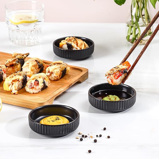 Selamica Ceramic Soy Sauce Dish, 2.6 Oz Dipping Bowls Set of 6, 3.5 Inch Pinch Bowls for Dip, Side Dish, Condiments, Sushi, Matte Black