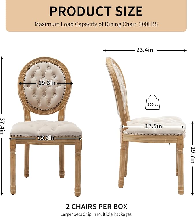 Vintage French Dining Chairs Set of 8, Round Back Velvet Upholstered Accent Chairs with Nailhead Trim and Solid Wood Frame, Elegant Sillas de Comedor for Dining Room & Kitchen, Beige