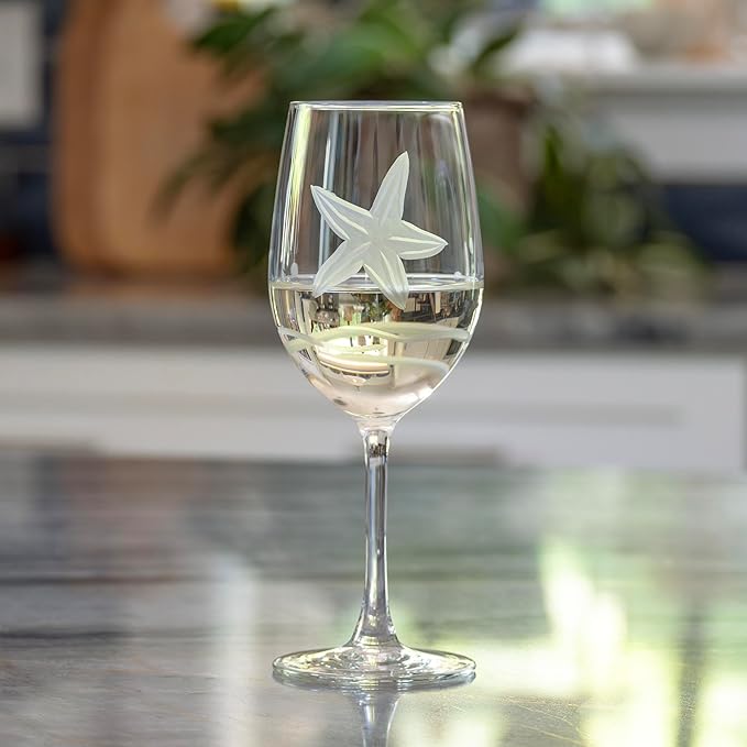 Rolf Glass Starfish White Wine Glass | 12oz Coastal glassware | Set of 2 | Engraved Lead-Free Wine Glasses | Made in the USA
