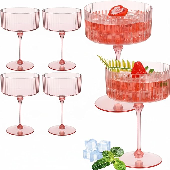 6 Pcs Ribbed Martini Glasses 10 oz Disposable Plastic Vintage Ribbed Coupe Glasses Unbreakable Dessert Parfait Glassware for Wedding Birthday Party Supplies (Pink)