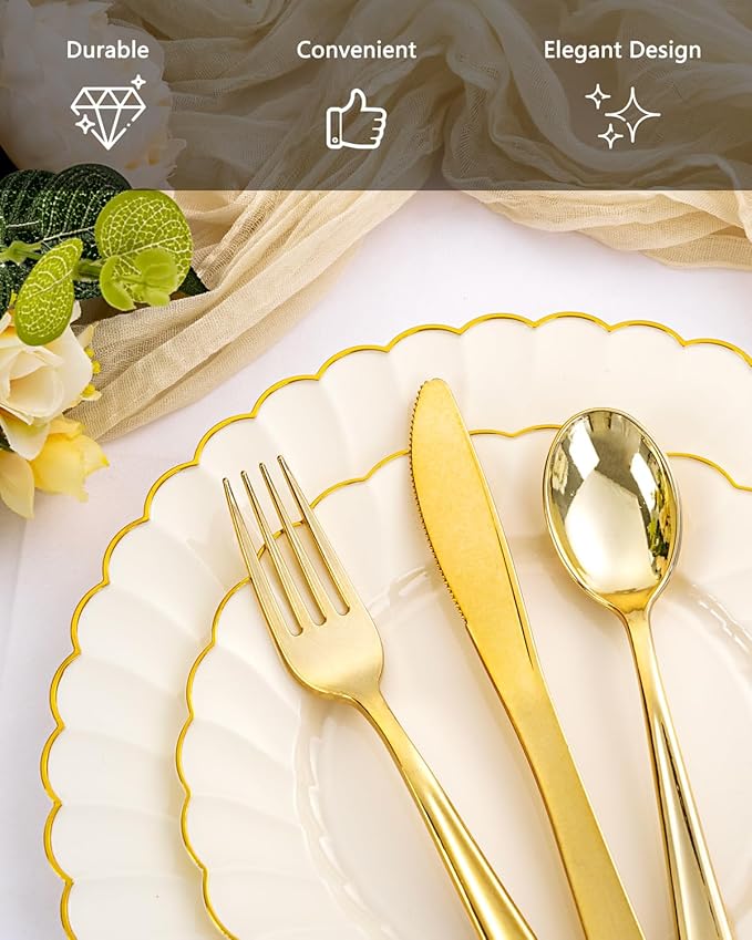 YOUBET 350PCS Ivory Scalloped Plastic Plates - Ivory and Gold Disposable Dinnerware Set Include 100 Plates, 150 Gold Silverware, 50 Cups, 50 Napkins for Wedding & Party