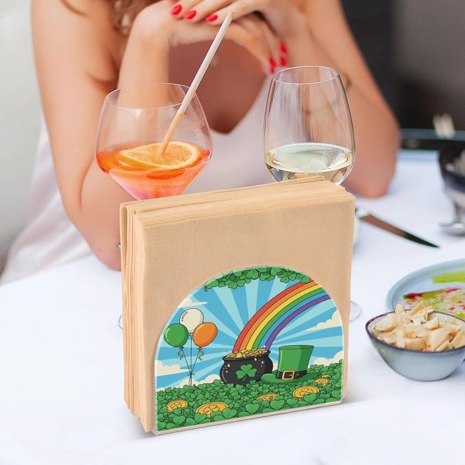 St Patrick's Day Shamrock Field Leprechaun Hat Coins Napkin Holder for Table Kitchen Decor Acrylic Paper Napkin Holders for Tissue Dining Room Indoor Outdoor Party Holiday Accessories
