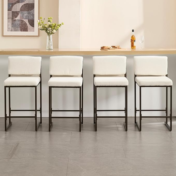 Modern Barstools Set of 2, 26” Upholstered Counter Height Bar Stools Sherpa Fabric Counter Stools with Padded Back Metal Frame for Kitchen Island Dining Room, White