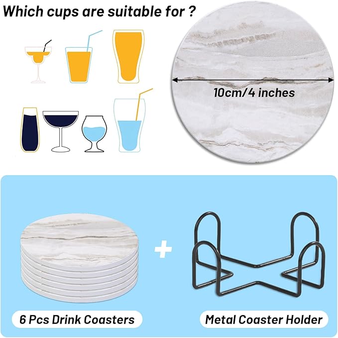 Acejoz Drink Coasters with Holder for Coffee Table, Absorbent Coaster Set of 6, Marble Style Ceramic Coaster for Wooden Table, Suitable for Kinds of Cups, Home Decor, 4 Inches