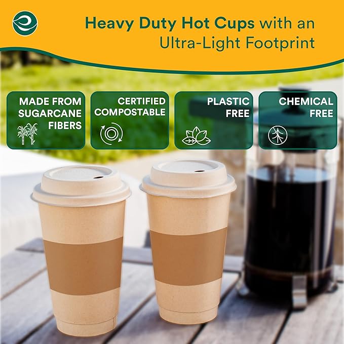 ECO SOUL 100 Pack 16 oz Disposable Coffee Cups with Lids & Sleeves Eco-Friendly, Biodegradable, Compostable, Leak-free & Sturdy To Go Hot Drink Cup for Tea, Chocolate Party Travel Cafe Office & Home