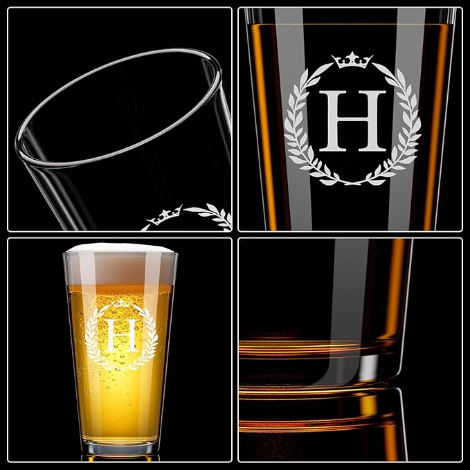 Personalized Beer Glasses Gifts for Men, 16 oz Pint Glasses Monogrammed A-Z Drinking Glass Cups Customized Gift, Unique Christmas Anniversary Birthday Gifts for Men Him Dad Brother Husband Grandpa (H)
