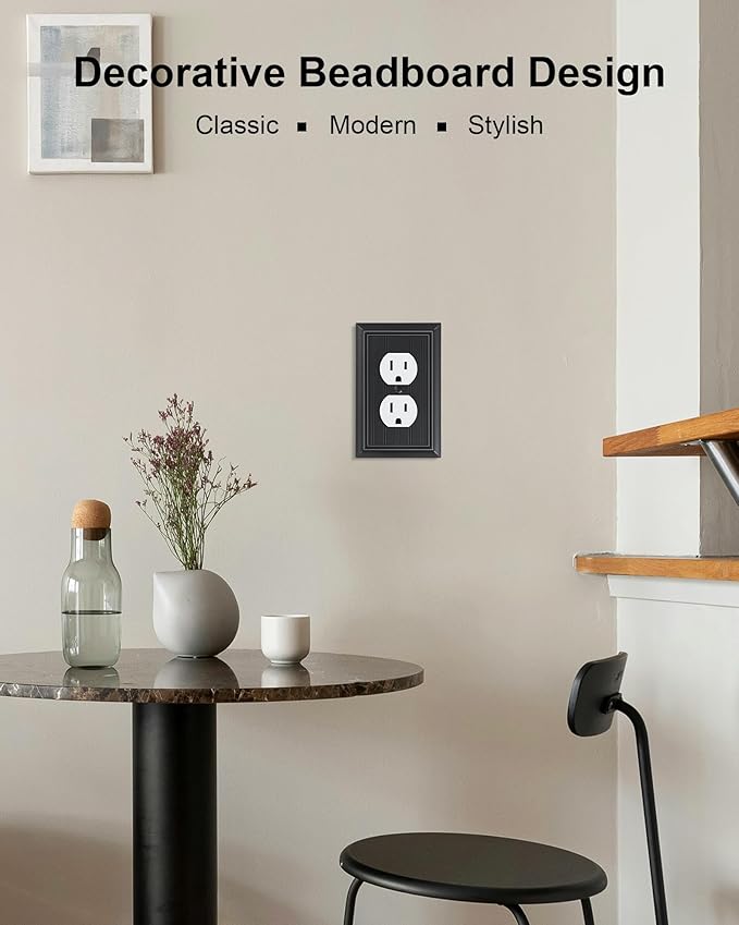 2-Pack Classic Beadboard Duplex Outlet Cover Plate, Decorative Matte Black Switch Plates and Outlet Covers, Natural Bamboo Fiber Wall Plates for Electrical Outlets, 1 Gang Receptacle Cover