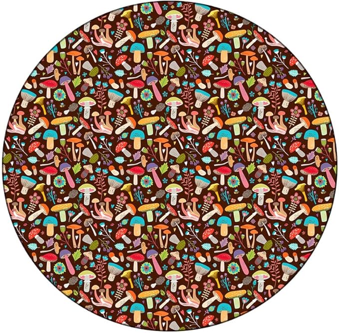 Polyester Tablecloth, Mushrooms Waterproof Oil-Proof PVC Table Cloth, Attractive Various Cartoon Leaves and Mushrooms Graphic, Fit Round Tables 39inch Diameter, for Dinner Kitchen Party Decoration