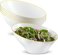 PLASTICPRO Angled Plastic Bowls Disposable Large Plastic White Serving Bowls with Gold Rim for Party for Appetizer Salads Pack of 4
