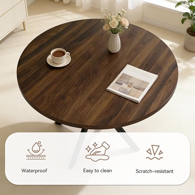 44" Round Dining Table with Chair Set for 4, Modern Mid-Century Dining Table Set of 4, Cozy Dinette Sets with Metal Leg for Kitchen Dining Room Apartment(Walnut Table + Brown Chairs)