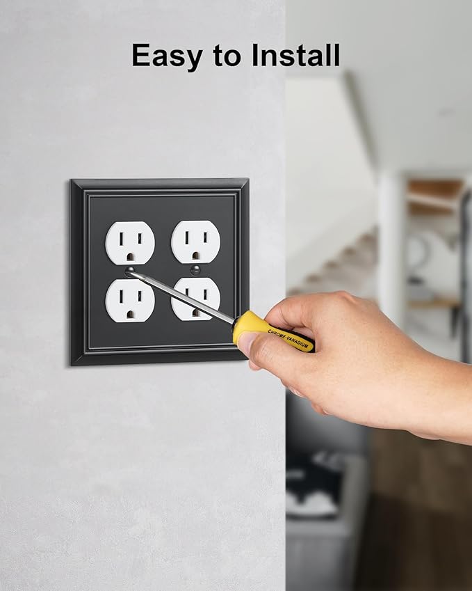 2-Pack Double Duplex Outlet Cover, Matte Black Decorative Switch Plates and Outlet Covers for Electrical Outlets, Durable Natural Bamboo Fiber Wall Plates, 2 Gang Receptacle Cover