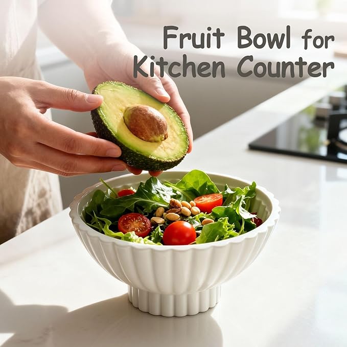 8 Inch White Ceramic Decorative Bowl Modern Small Footed Fruit Bowl Kitchen Counter Key Bowl for Home Decor, Ruffle Pedestal Centerpiece Bowls for Christmas Coffee Table