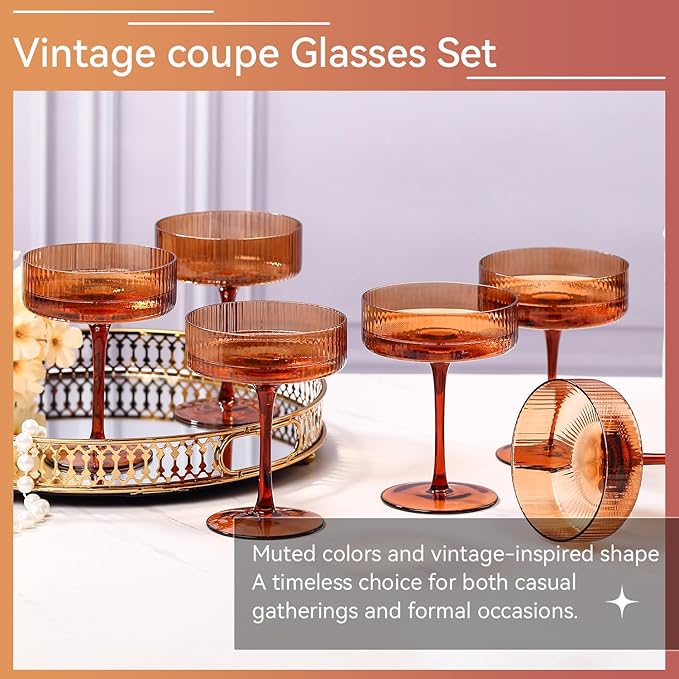 9 oz Dark amber Vintage Art Deco Coupe Glasses Set of 6 Brown Ribbed martini Glasses |Vintage Cocktail Glasses Set,Unique Colored Coupe Glass
