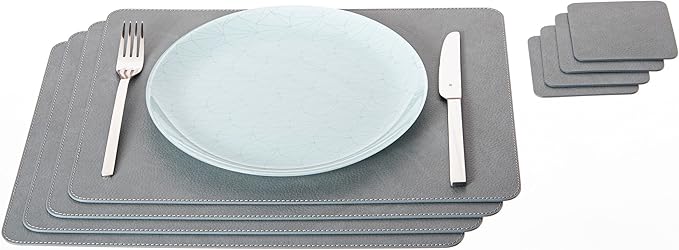 Nikalaz Set 4 Small Placemats and 4 Coasters, Table Mats Made in Europe Recycled Leather, Place Mats 15.7 x 11.8 inches and Coasters 3.9 x 3.9 inches (Dirty Grey)