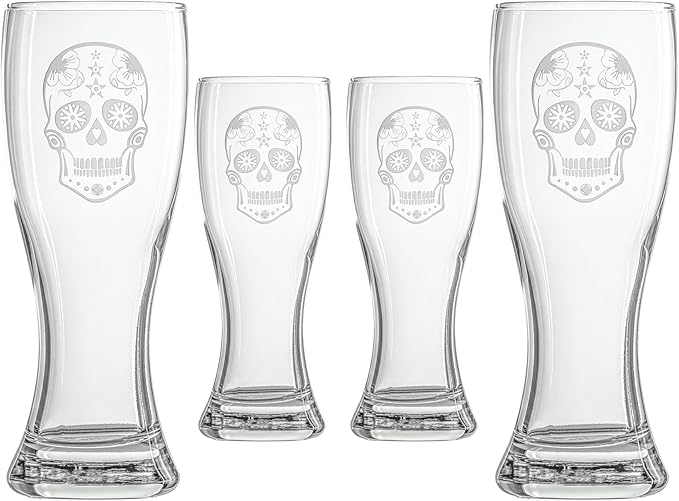 Rolf Glass Sugar Skull 20oz Beer Pilsner | Set of 4 | Large Craft Beer Glasses | Designed and engraved in the USA