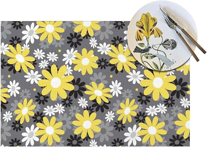 Placemats Set of 4 Vintage Daisy Place Mats Abstract White Yellow Floral Woven Table Mats Washable Black Grey PVC Placemat for Dining Kitchen Decor Indoor Outdoor, 12 x 18 Inch