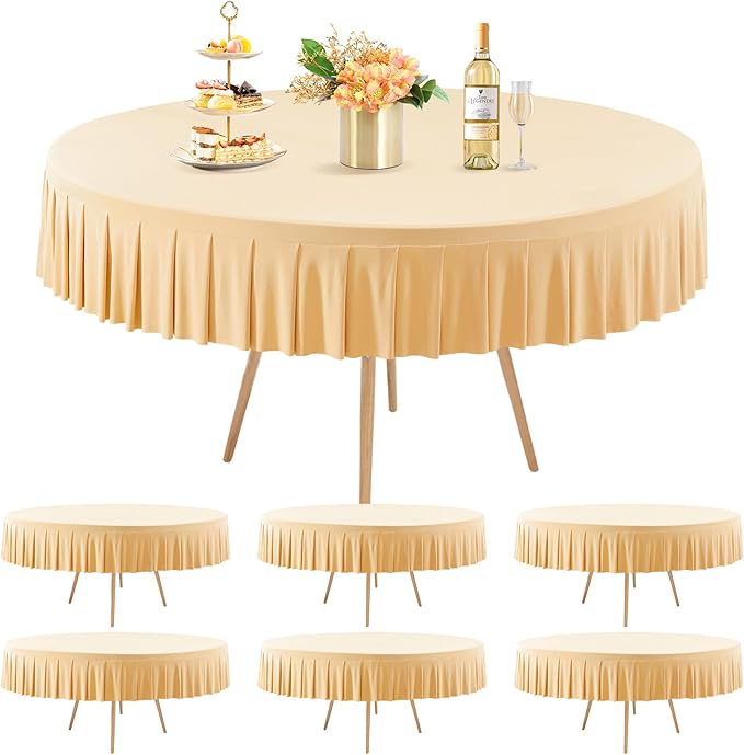 6 Pack Champagne Spandex Round Tablecloths for 72in Table, Stretchy Fitted 6FT Round Table Cloths, Wrinkle Free Table Cover with Skirt for Wedding Birthday Party Bridal Shower Banquet