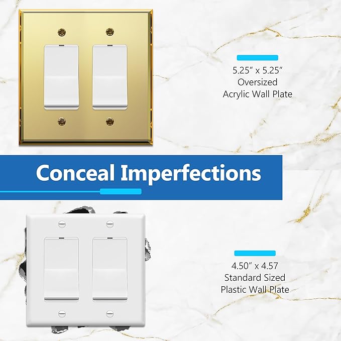 LIDER Reflective Acrylic Decorator Wall Plate, Mirrored Light Switch Plate, Plexiglass Outlet Cover, Acrylic Glass, Oversized 2-Gang 5.25" x 5.25", LWP-32O-AGD5P, Gold, 5 Pack