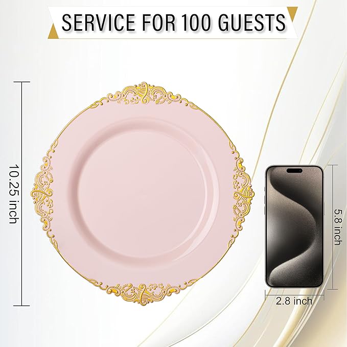 Nervure 100PCS Pink and Gold Plastic Plates - 10.25Inch Pink Disposable Plates - Plastic Dinner Plate for Weddings & Parties