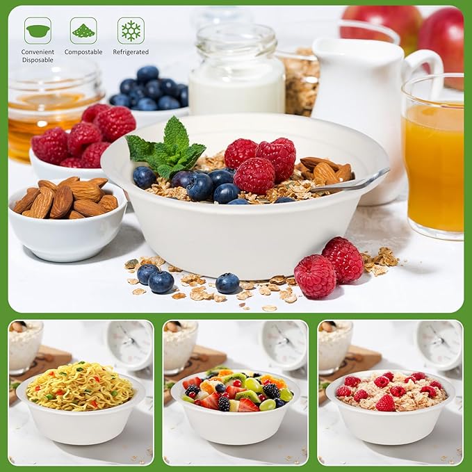 200 Pack 16 Oz Heavy Duty Paper Bowls - Bagasse Hot Soup Disposable Compostable Bowls, Disposable Bowls 16 Oz