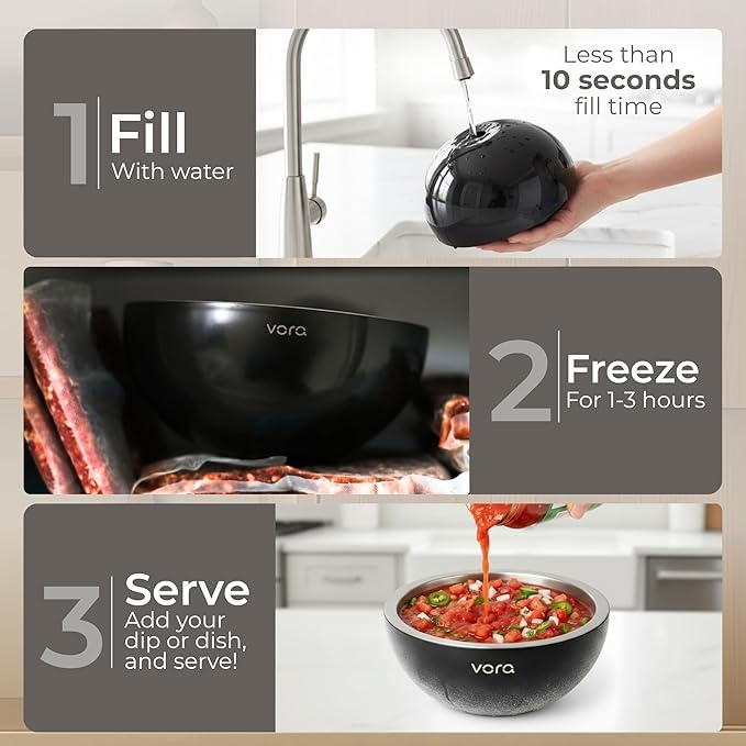 Vora 18oz Dip Chiller Bowl | 2 Pack Black Stainless Steel Chilled Dip Bowl for Dips, Guacamole, Hummus, Salsa | Insulated Serving Dishes with Easiest Water Fill & Refillable Chamber