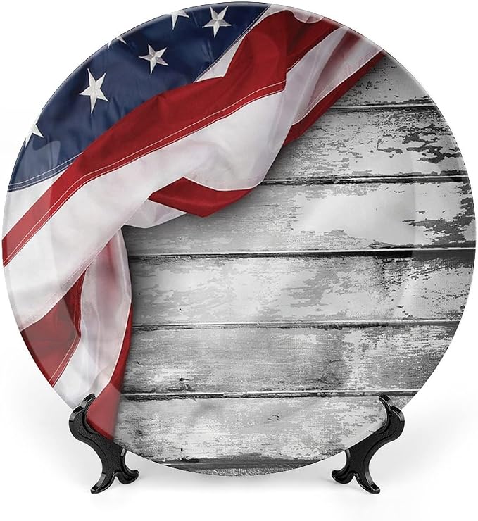 Ceramic Display Plate, American Flag Ceramic Hanging Decorative Plate, Flag on Wood Planks, 7 Inch, Living Room Kitchen Decoration Household, Multicolor
