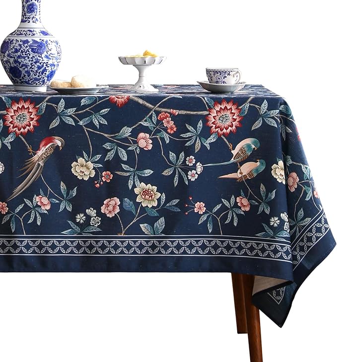 patdrea Designer Dark Blue Linen Rectangle Tablecloth,Vintage Navy French Floral and Birds Pattern Table Cloth,Decoration Table Cover for Kitchen,Dining,Tea Party,Home,Christmas,55"*71"
