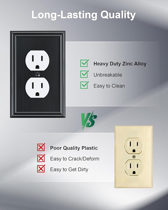 6-Pack Single Duplex Outlet Cover Plate, Decorative Black Switch Plates and Outlet Covers, Metal Wall Plates for Electrical Outlets, 1 Gang Receptacle Cover, Corrosion Resistant