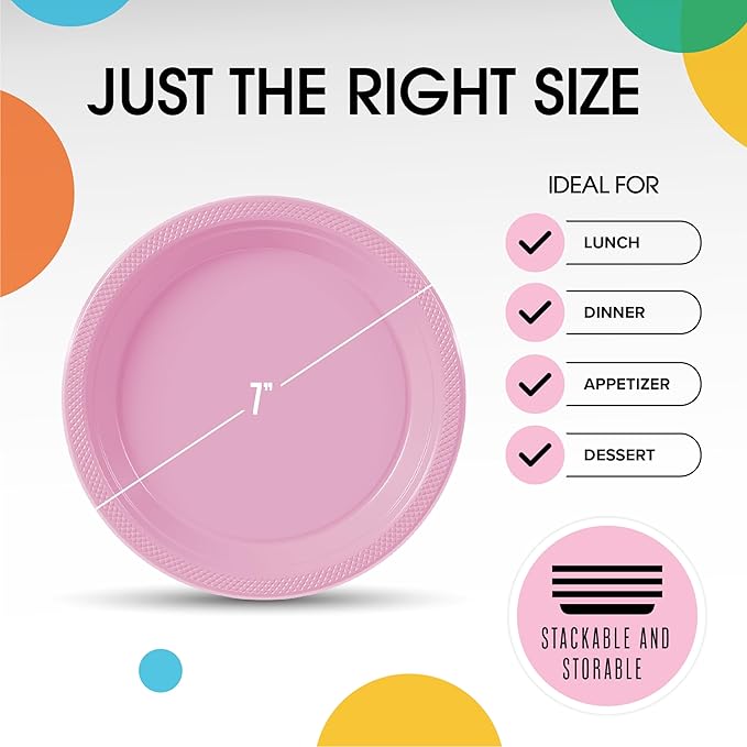 Pink Plastic Plates For Party 7" Pink Disposable Plates Heavy Duty 100 Pcs Plastic Dinnerware Sets Heavy Duty 350 GSM Disposable Dinnerware Set