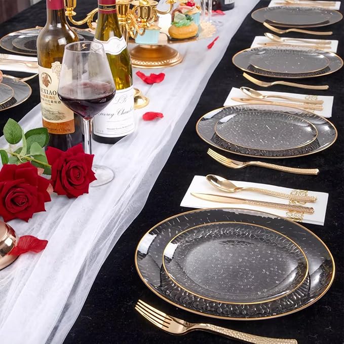 Hioasis 60pcs Black Plastic Plates - Gold Rimmed Disposable, Hammered, Heavy-duty Dinnerware Set Suitable for 30 Guests, 10.25" Dinner & 7.5" Dessert Plates for Party & Wedding