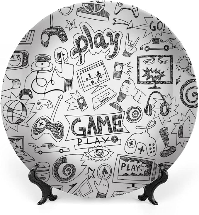 Decorative Plates, Video Games Print Ornament, Monochrome Sketch Style Gaming Design Racing, 10 Inch, Kitchen Wall Decor, White Black