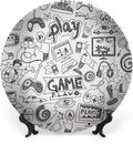 Ceramic Display Plate, Video Games Ceramic Hanging Decorative Plate, Monochrome Sketch Style Gaming Design Racing, 8 Inch, Living Room Kitchen Decoration Household, White Black